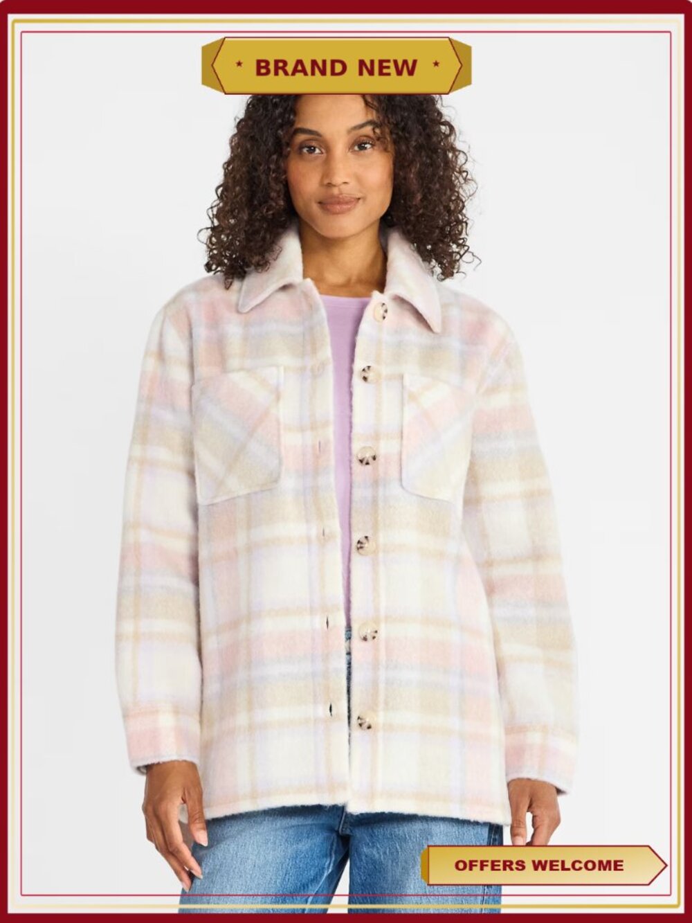 Brushed Plaid Shacket Button Down Shirt Jacket Oversized Layer